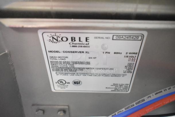 Noble CONSERVER XL dishwasher label showcasing model details, 115 volts, 1 phase, UL, and NSF certifications.