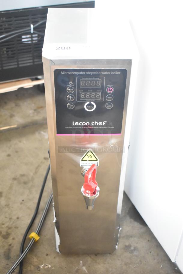Lecon Chef KW-15 commercial countertop water boiler, 110 volts, 1 phase. Features digital display and red tap.