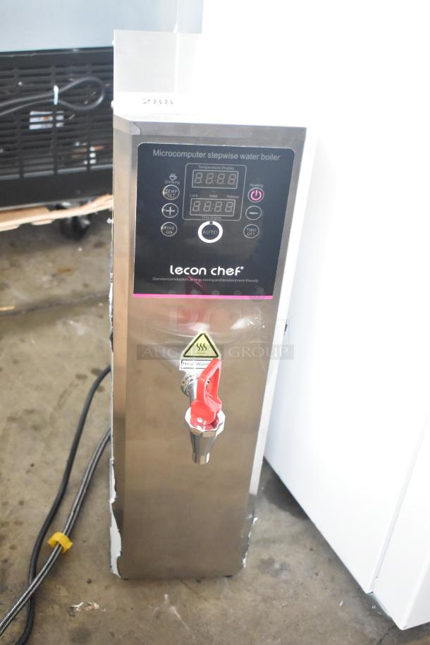 Lecon Chef KW-15 Commercial Water Boiler, 110V, 1 Phase. Features microcomputer control, digital display, and red tap.