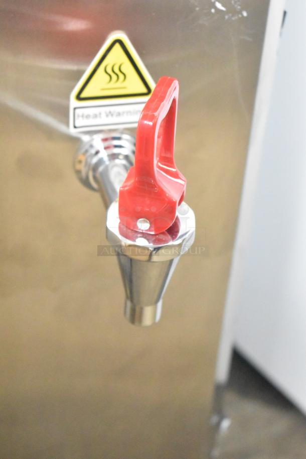 Lecon Chef KW-15 commercial water boiler tap with a red handle and heat warning label. 110 Volts, 1 Phase.