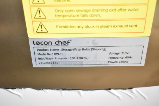 Lecon Chef KW-15 water boiler label showing 110V, 1 phase, 1500W, 60Hz, 15L capacity, and inlet pressure of 100-250kPa.