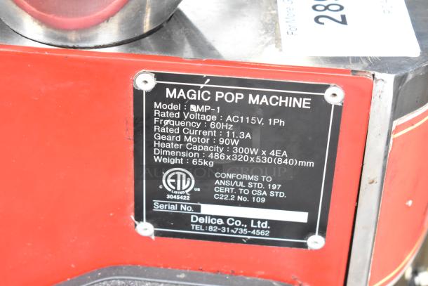 Magic Pop DMP-1 Metal Commercial Rice Cake Machine label, 115V, 1 Phase, 60Hz, 11.3A, 65kg. Conforms to ANSI/UL standards.