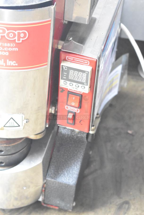 Magic Pop DMP-1 Metal Commercial Rice Cake Machine, red control panel, 115V, 1 Phase, excellent condition, temp controller visible.