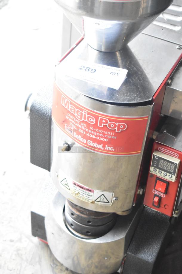 Magic Pop DMP-1 metal commercial rice cake machine, 115V, 1 phase, features control panel; visible brand label and warning.