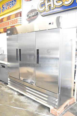 Brand new KoolMore RIF-3D-SS commercial 3-door reach-in freezer, 72 cu ft, stainless steel, 115V, minor scratches and dents.