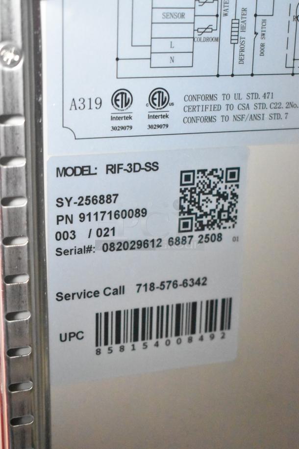 Label of KoolMore RIF-3D-SS commercial freezer, showing model, serial number, and certifications. 72 cu ft, 115V, 1 phase.