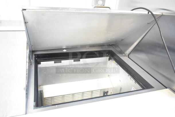 Hoshizaki CRMR60-24M sandwich prep table with open lid, stainless steel finish, on commercial casters, 115V, 1 Phase.