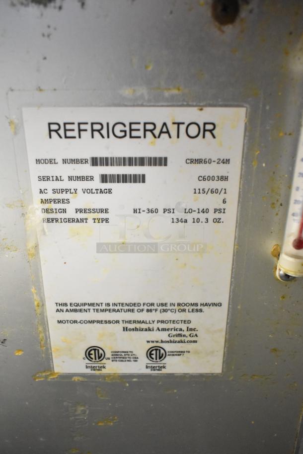 Label of Hoshizaki CRMR60-24M Prep Table, showing model number, voltage (115/60/1), and refrigerant details.