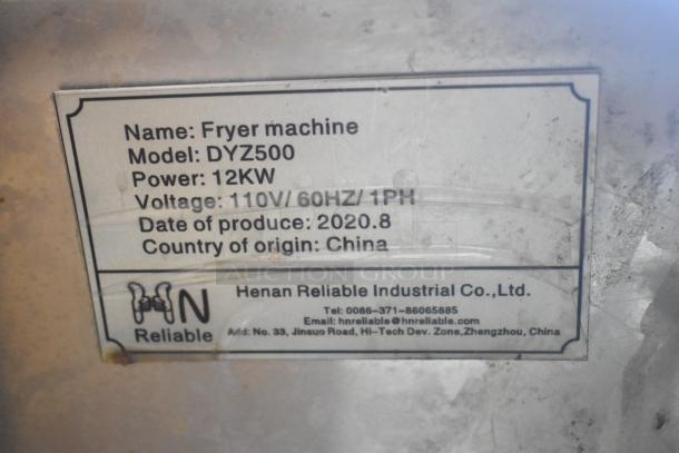 DYZ500 Countertop Electric Fryer label showing model, 110V, 12KW power, made in China by Henan Reliable, 2020.