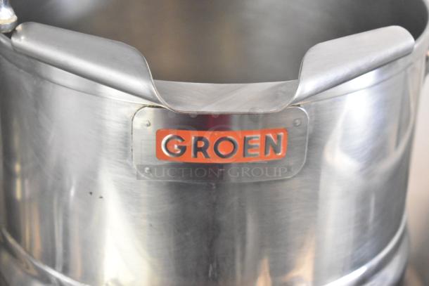 Groen tilting kettle with visible brand label, mounted on Market Forge MT2-5ES base, stainless steel, auction item.