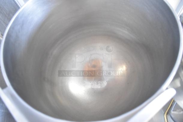Stainless steel interior of a Groen tilting kettle, part of a set on a Market Forge MT2-5ES modular base.