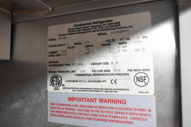 Continental 1R-HD commercial reach-in cooler label; 115 volts, 1 phase, NSF certified, on commercial casters.