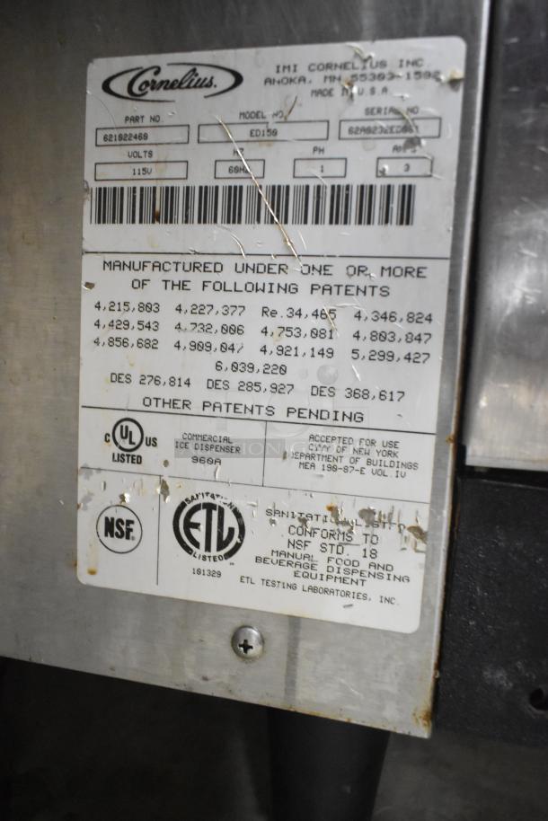 Cornelius ED150 Commercial Ice Dispenser label, showing model, 115 volts, 1 phase, NSF and ETL certified, used condition.