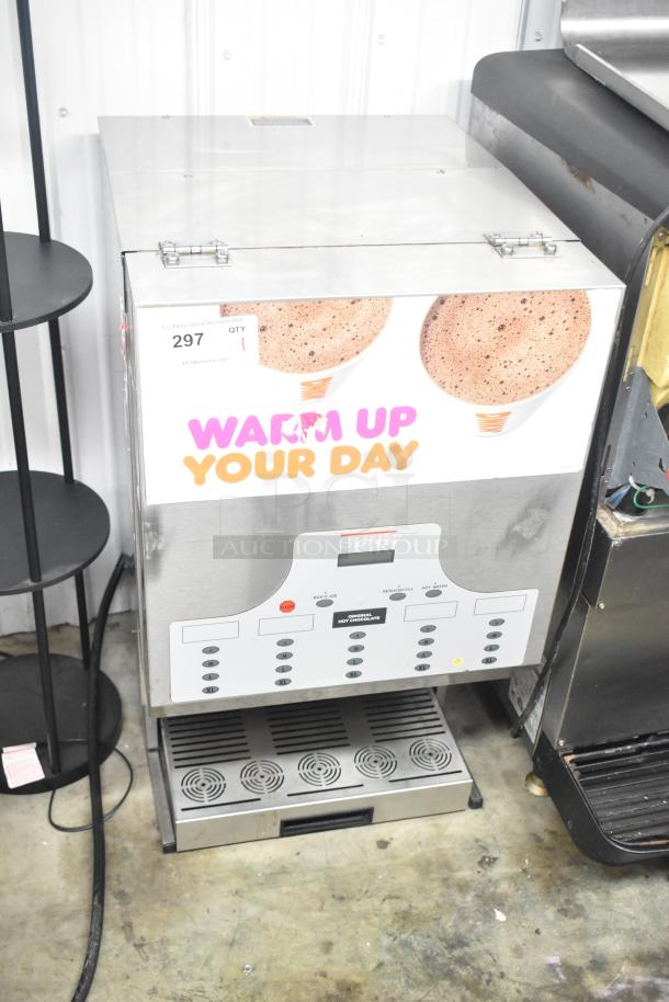 Bunn IMIX-5 stainless steel commercial cappuccino machine on stand, 120/208-240V, 1 phase, with "Warm Up Your Day" graphic.