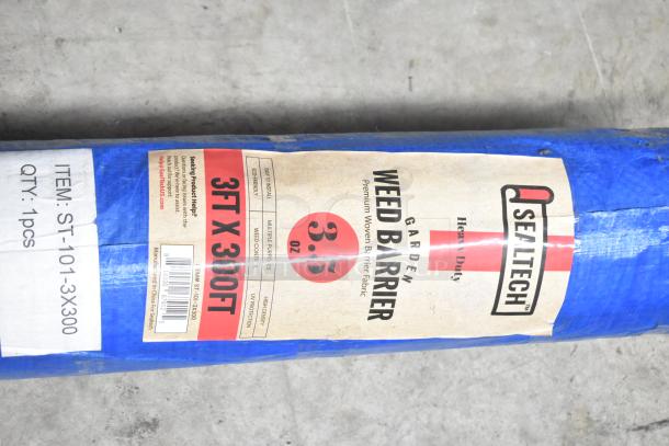 SEALTECH 3' x 300' Premium Weed Barrier Fabric ST-101-3X300, 3.5 oz, with label showing item details on blue package.