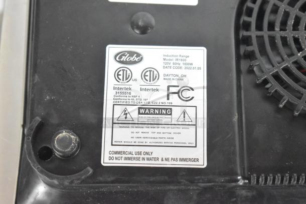 Globe IR1800 induction range label showing 120V, 1800W specs. For commercial use only. ETL, Intertek, and FCC certified.