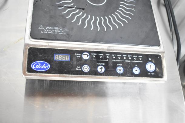 2 Globe IR1800 induction burners, 2022 model, countertop, electric, 120V, single phase. Visible warning and control panel.