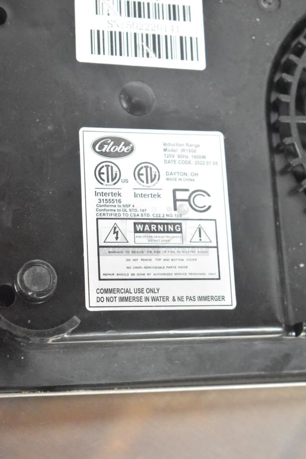 2022 Globe IR1800 induction range label, showing 120V, 1800W, ETL certification, made in China, for commercial use.