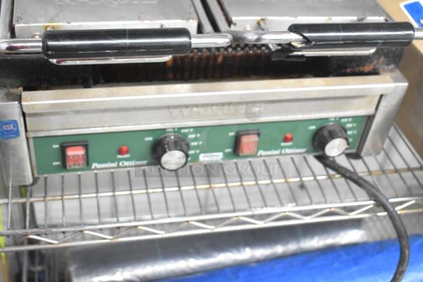 Waring WPG300 Countertop Double Panini Press, NSF certified, 240 Volts, dual controls, visible wear, includes panini optimizer.