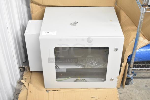 BlackShields DC0300 white metal air conditioned technology cabinet with glass front, new condition, visible panel controls.