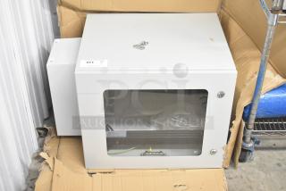 BlackShields DC0300 white metal air conditioned technology cabinet with glass front, new condition, visible panel controls.