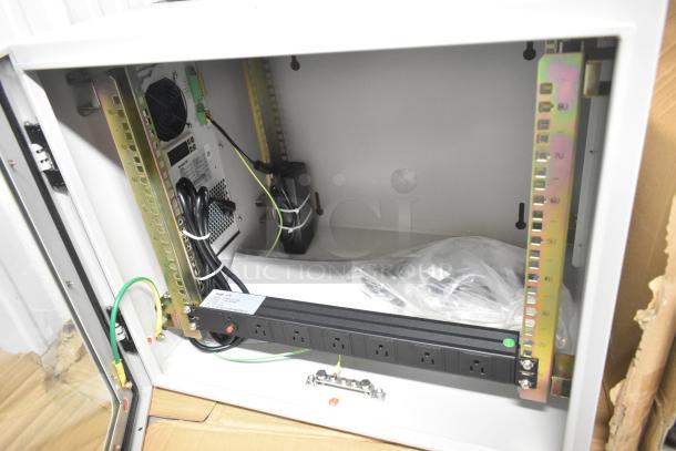 BlackShields DC0300 white metal air conditioned technology cabinet with power strip and wiring, open door, excellent condition.