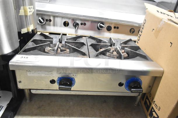 Rankin-Delux commercial 2-burner propane gas range, countertop model, visible control knobs, used condition.