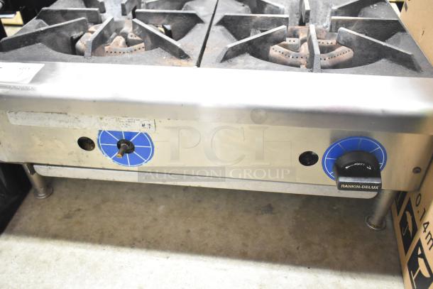Rankin-Delux commercial countertop 2 burner propane range in used condition, with visible control knobs and sturdy stainless steel build.