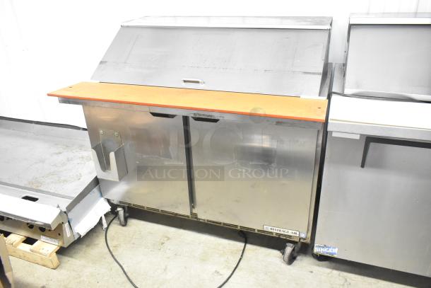 Beverage Air SPE48-18M-HMP prep table in stainless steel, on commercial casters. 115V, 1 phase, used condition.
