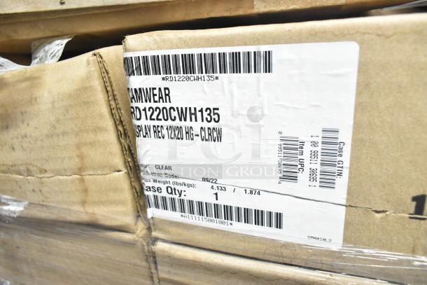 Cardboard box labeled Cambro RD1220CWH135 and Camwear, containing display covers, 12x20" clear/chrome, case quantity 1.