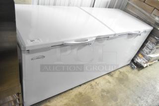 Brand new KoolMore SCF-24C commercial chest freezer, 24 cu ft, 115V, with minor scratches and dents visible.