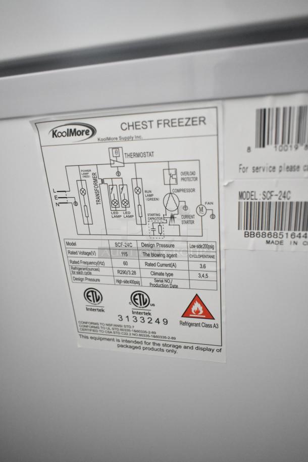 Alt text: KoolMore SCF-24C chest freezer label detailing model, voltage, refrigerant type, and ETL certification marks.