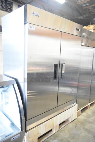 Brand new Avantco 178A49RHC commercial 2-door reach-in cooler, scratch and dent, 115 volts, 1 phase, stainless steel.