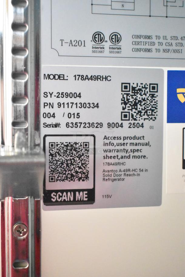 2025 Avantco 178A49RHC Commercial 2 Door Reach-In Cooler, scratch and dent, 115V, brand new. Model, serial, and QR codes shown.