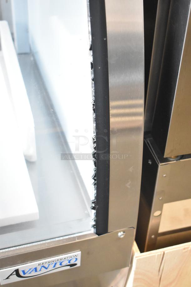 Brand new 2025 Avantco 178DLC82HCS deli case, 115V, 1-phase. Visible defect: broken curved glass edge.