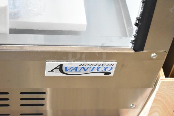 Avantco refrigerated deli case, model 178DLC82HCS, showing brand label. Notable for broken glass detail. 115V, 1 phase.