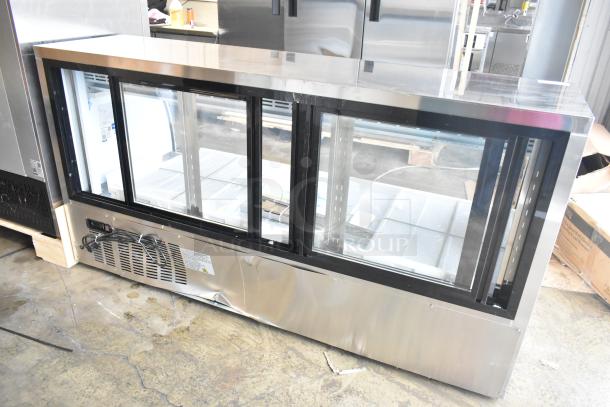 Brand new Avantco 178DLC82HCS refrigerated deli case, 2025 model, curved glass, minor dents, 115V, 1 phase. Broken glass visible.