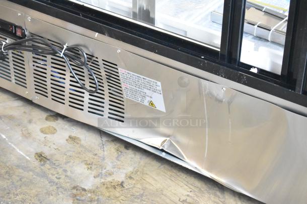 Avantco 178DLC82HCS deli case, 2025 model, new with dented stainless steel panel, 115V, 1 phase. Caution label visible.