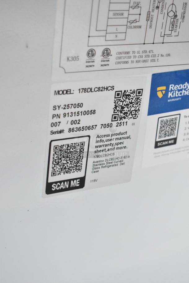 QR code label for Avantco 178DLC82HCS commercial refrigerated deli case, 115V, 1 Phase, with serial and model numbers.