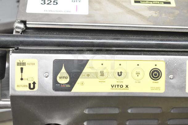 New Vito XM 137 lb. Mobile Fryer Oil Filter System with control panel, labeled for 100-120 Volts, 1 Phase use. Scratch and dent.
