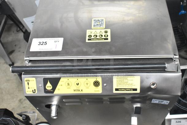 Brand new Vito XM fryer oil filter system, 137 lb. capacity, mobile, 100-120V, 1-phase; features labels and QR code.