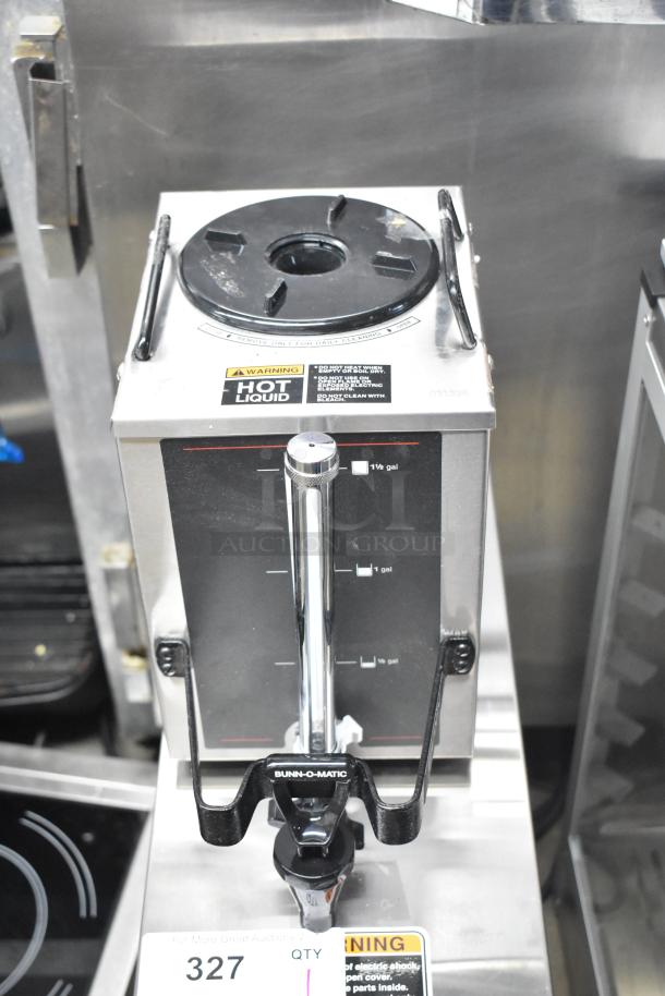 BRAND NEW Bunn SINGLE AXIOM 15 Coffee Brewer with Portable Server, 1 Gallon, 120V. "Warning Hot Liquid" label visible.