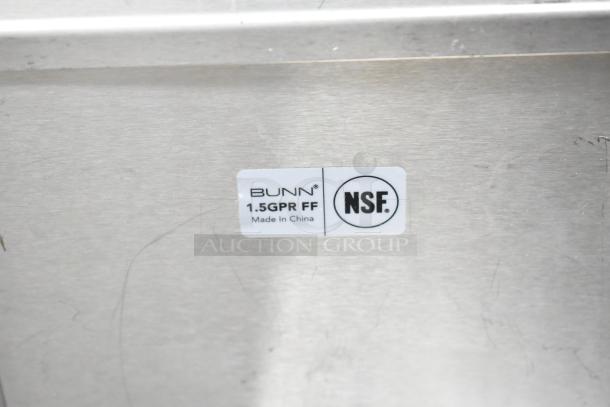Bunn SINGLE AXIOM 15 coffee brewer label, showing "BUNN 1.5GPR FF" and "NSF" mark, Made in China.