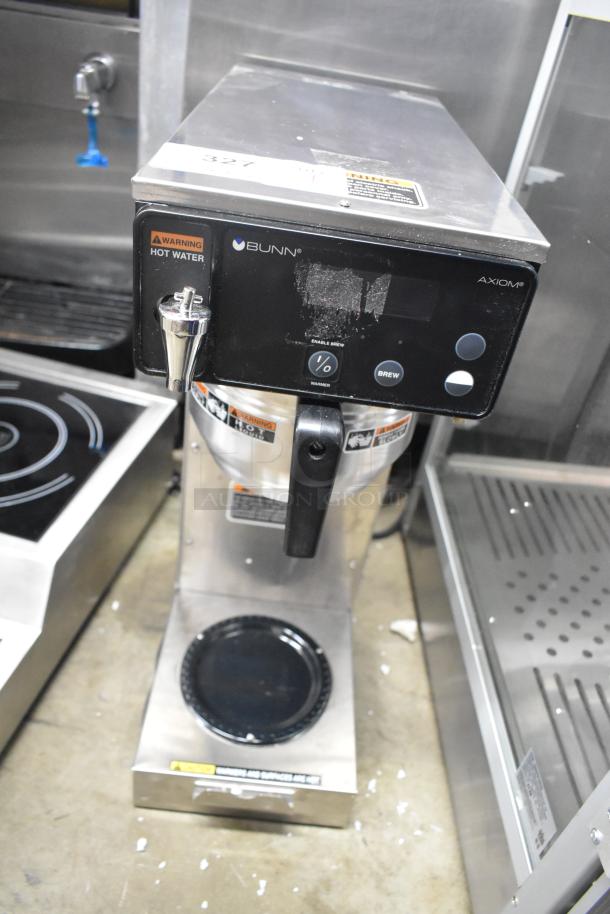 Bunn SINGLE AXIOM 15 coffee brewer, new, model 38700.0043, 1-gallon capacity, portable server, 120V, visible warning labels.