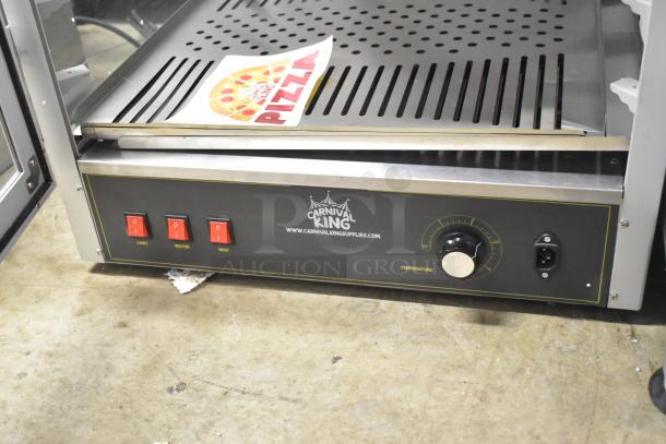 Brand new Carnival King 382HPW18D2S pizza warmer, missing glass panel, 120V, 1 phase, with control buttons and temperature dial.