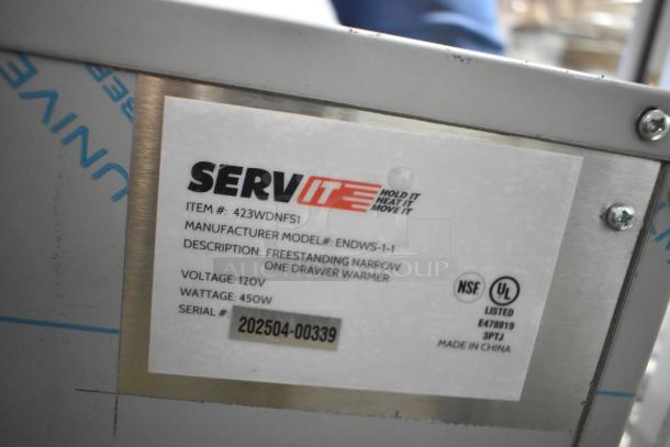 BRAND NEW SCRATCH AND DENT 2025 ServIt 423WDNFS1 Single Drawer Warmer, 120V, 1 Phase, Tags show specs and certifications.
