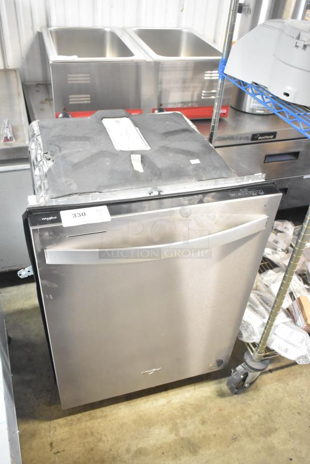 Brand new Whirlpool WDT750SAKZ2 undercounter dishwasher, stainless steel, scratch and dent, 115 volts, 1 phase, visible control panel.