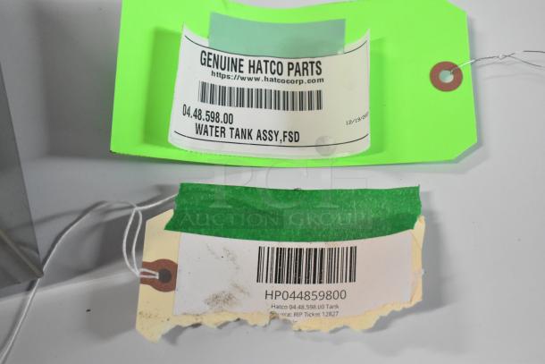 Hatco tank label showing part number 04.48.598.00, marked authentic; Vulcan burner tag included. Both items brand new.