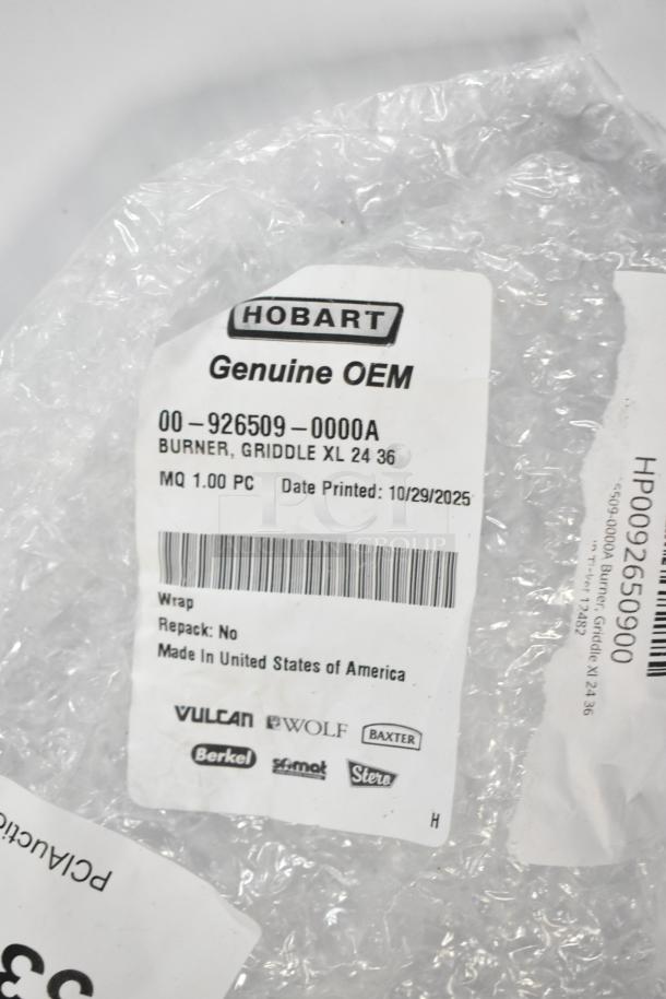 "New Hobart OEM label on Vulcan 00-926509-0000A burner, griddle XL 24 36, with barcode and branding details."