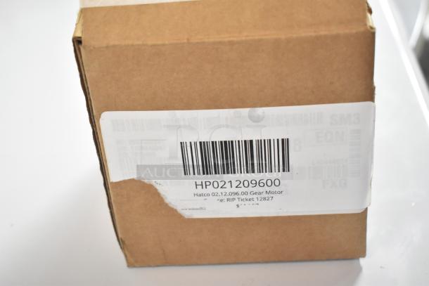 Brown box with label reading "Hatco 02.12.096.00 Gear Motor HP021209600". Scratch and dent condition.